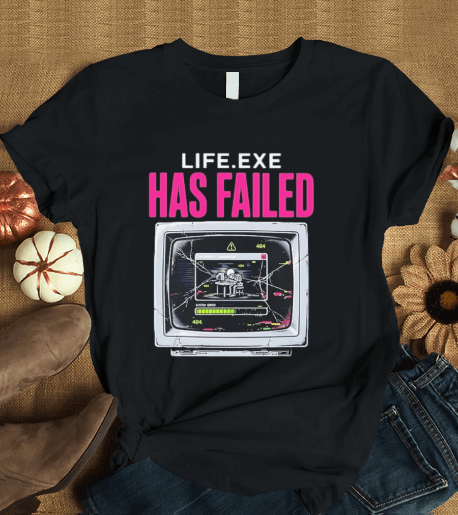 Lifeexe Has Failed System Error 404 Skeleton Computer Retro Monitor T-Shirt