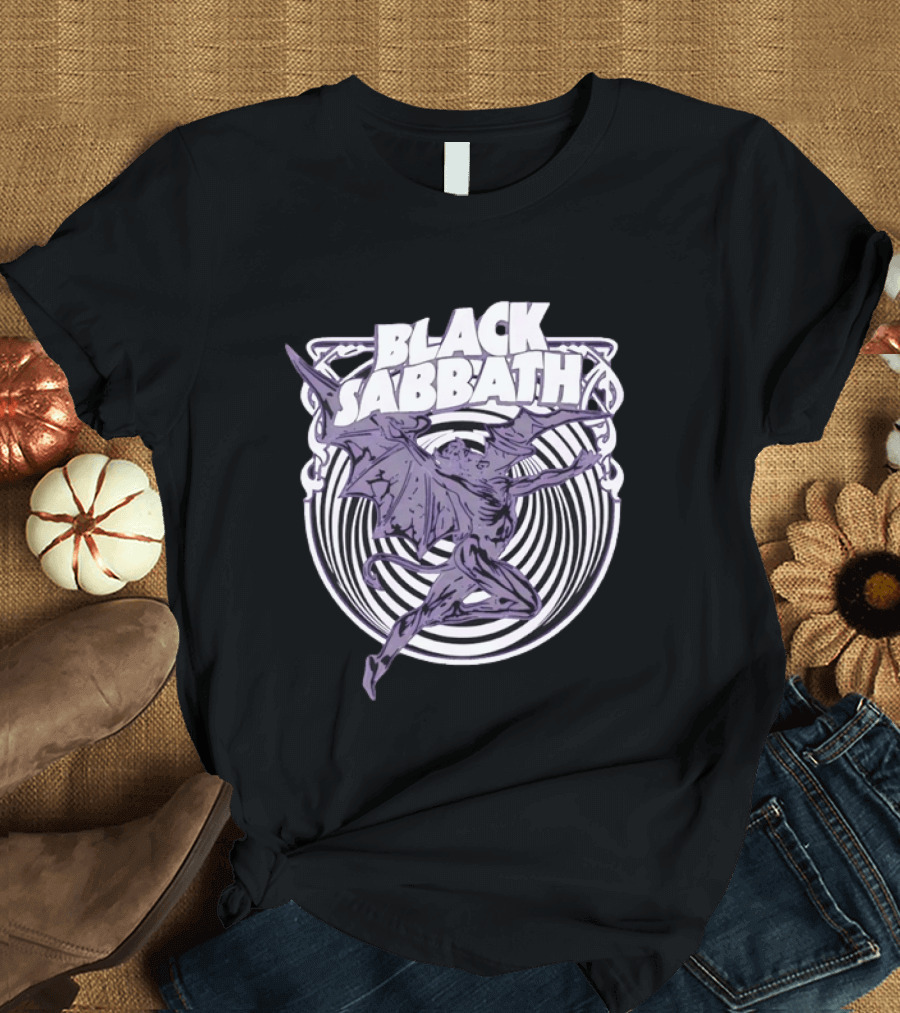 Black Sabbath Flying Devil With Striped Background Iconic Heavy Metal T-Shirt