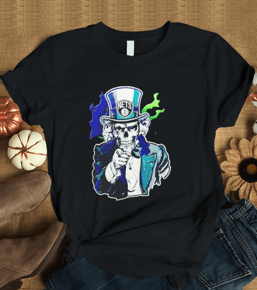 Brooklyn Nets Skeleton Uncle Sam Top Hat Pointing Stripes T-Shirt