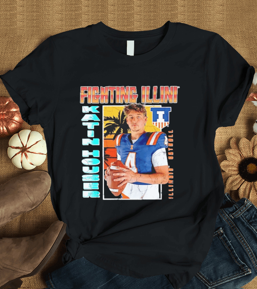 Fighting Illini Katin Houser Illinois Football Distressed Palm Tree T-Shirt