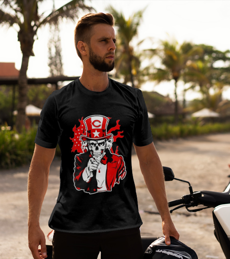 Cincinnati Reds Skeleton Uncle Sam Pointing US Flag Flames T-Shirt