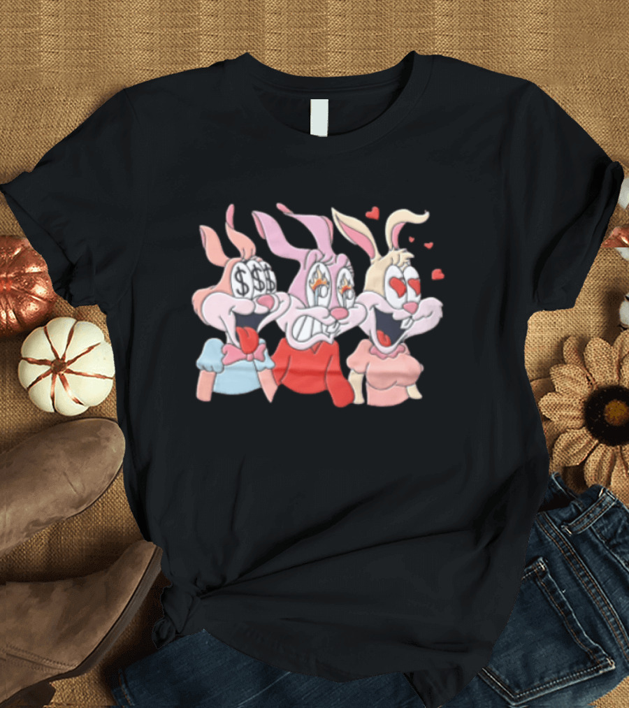 Three Cartoon Female Rabbits Dollar Signs Fire Heart Eyes Expressions T-Shirt