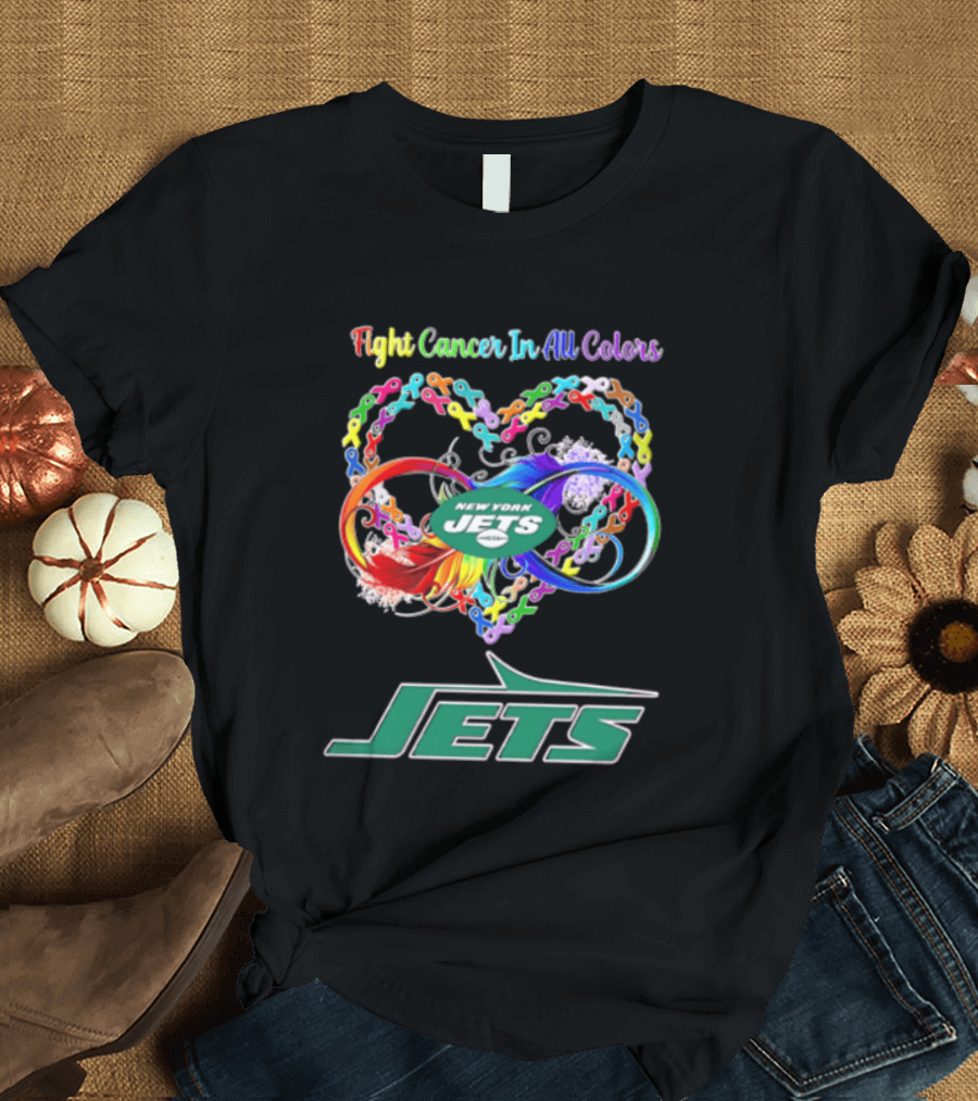New York Jets Fight Cancer Rainbow Ribbons Infinity Heart Feather T-Shirt