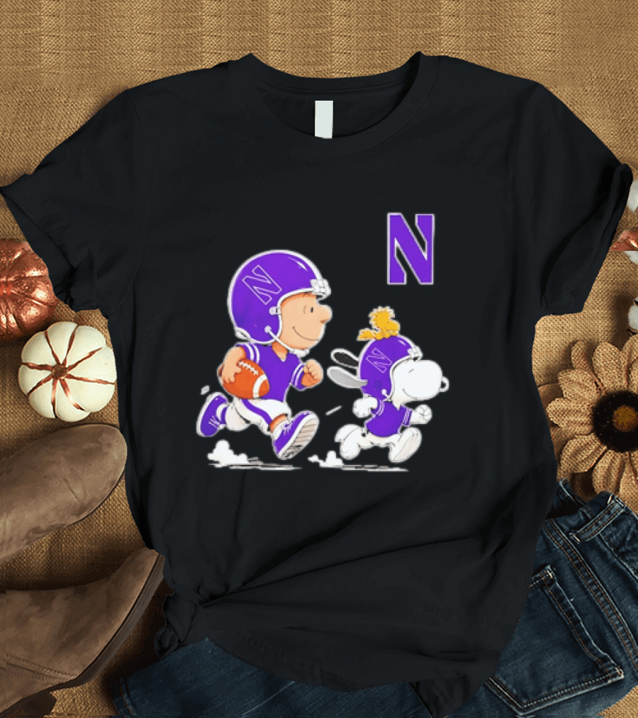 Northwestern Wildcats Charlie Brown Woodstock Snoopy Football Running T-Shirt