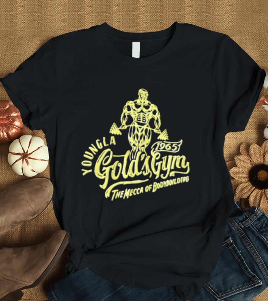 Youngla Golds Gym 1965 The Mecca Of Bodybuilding Muscular Man Holding Barbell T-Shirt