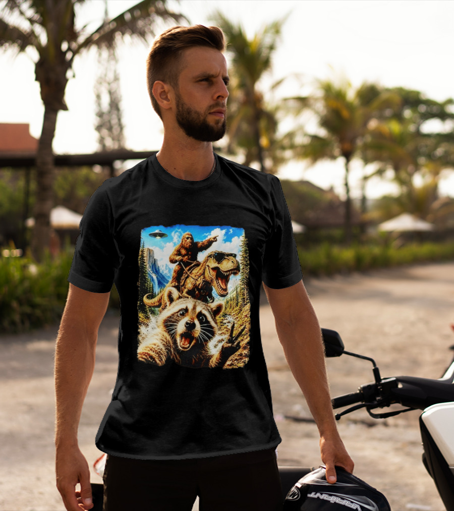Raccoon Selfie Bigfoot Rex Adventure With UFO And Mountains T-Shirt