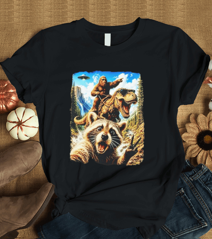 Raccoon Selfie Bigfoot Rex Adventure With UFO And Mountains T-Shirt