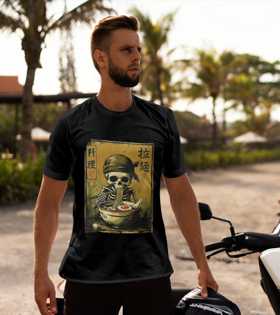 Skeleton Ramen Eating Kanji Cooking Noodles T-Shirt