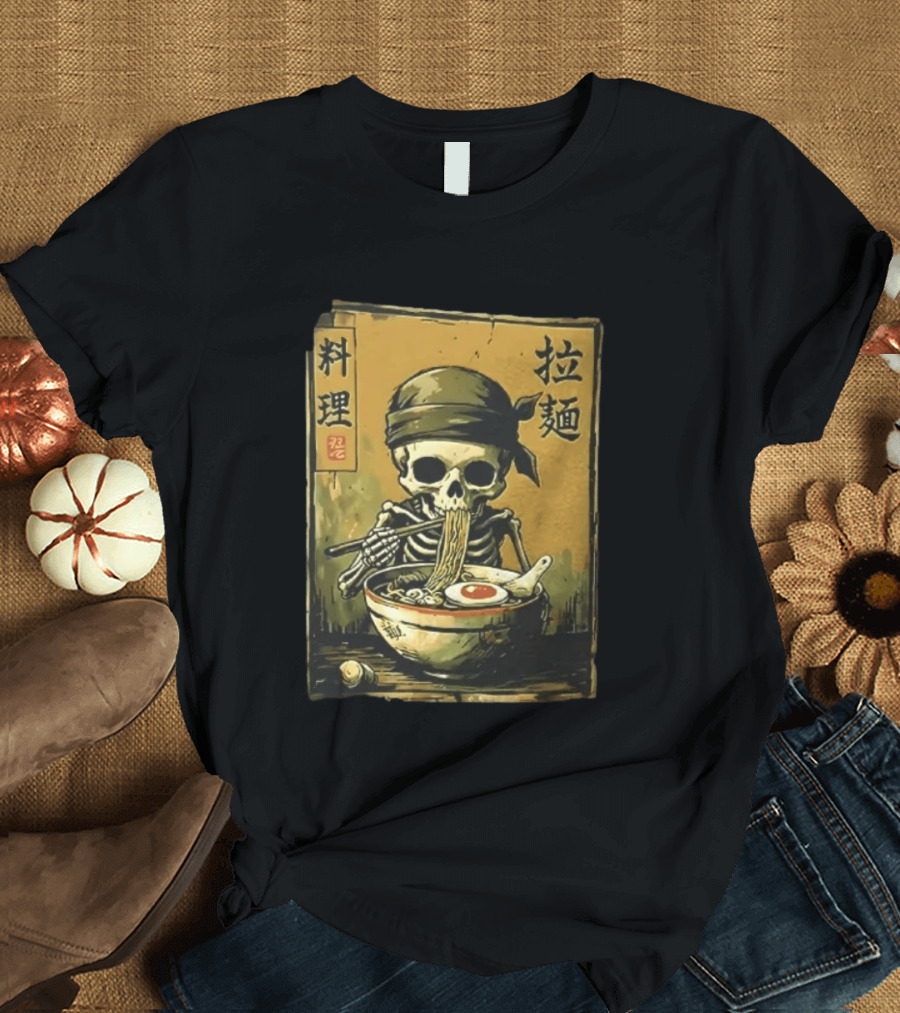 Skeleton Ramen Eating Kanji Cooking Noodles T-Shirt