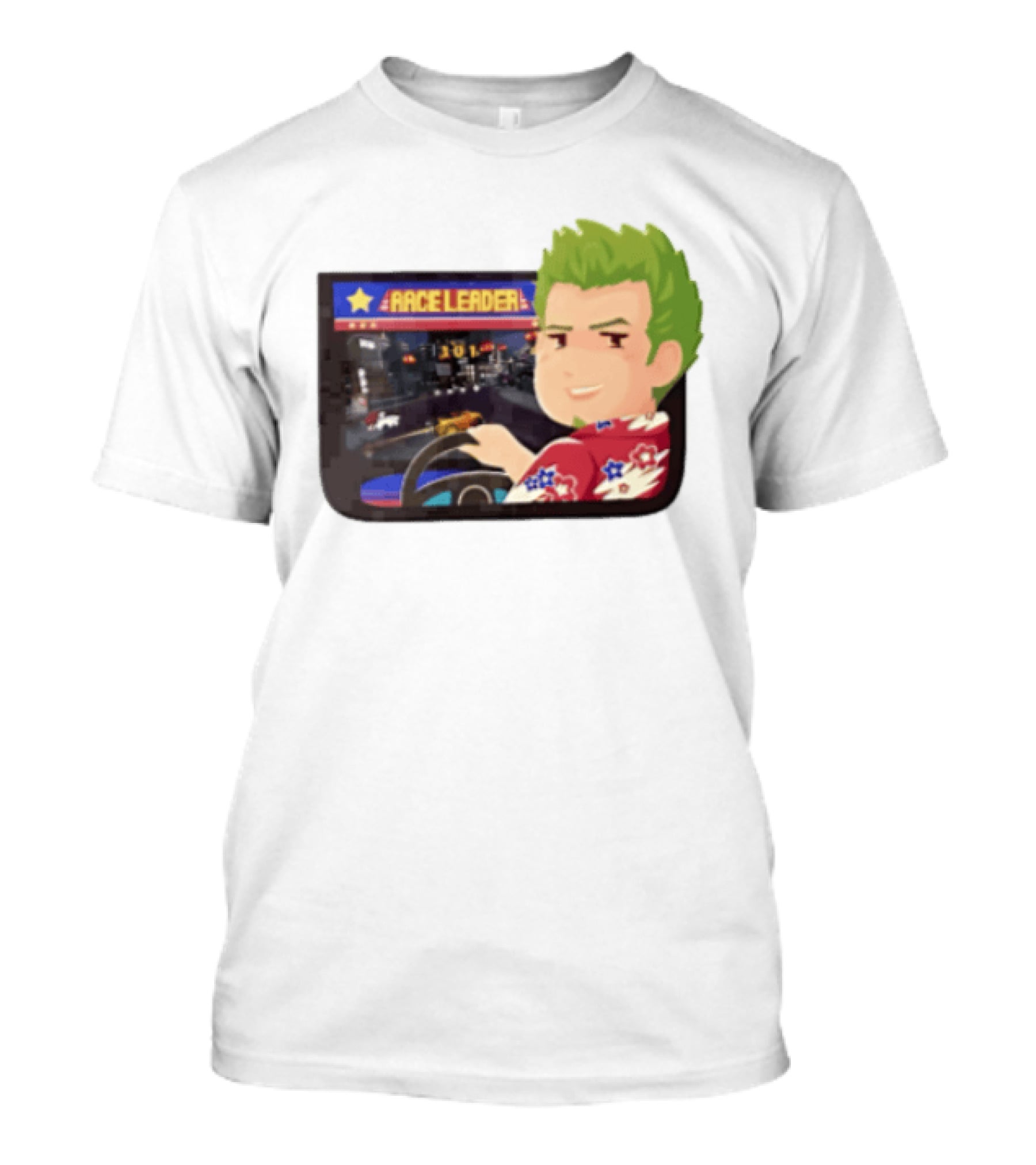 Race Leader Arcade Game Green Hair Cartoon Driver T-Shirt