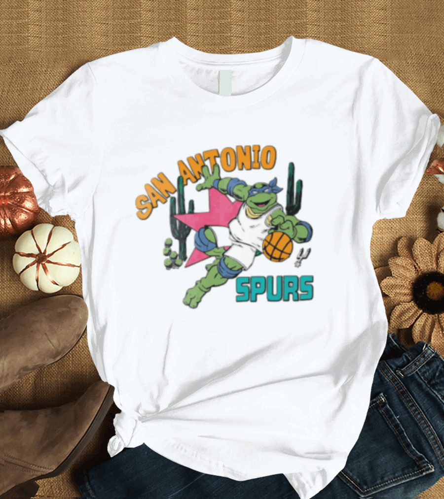 San Antonio Spurs Cartoon Turtle Dribbling Basketball Cacti T-Shirt