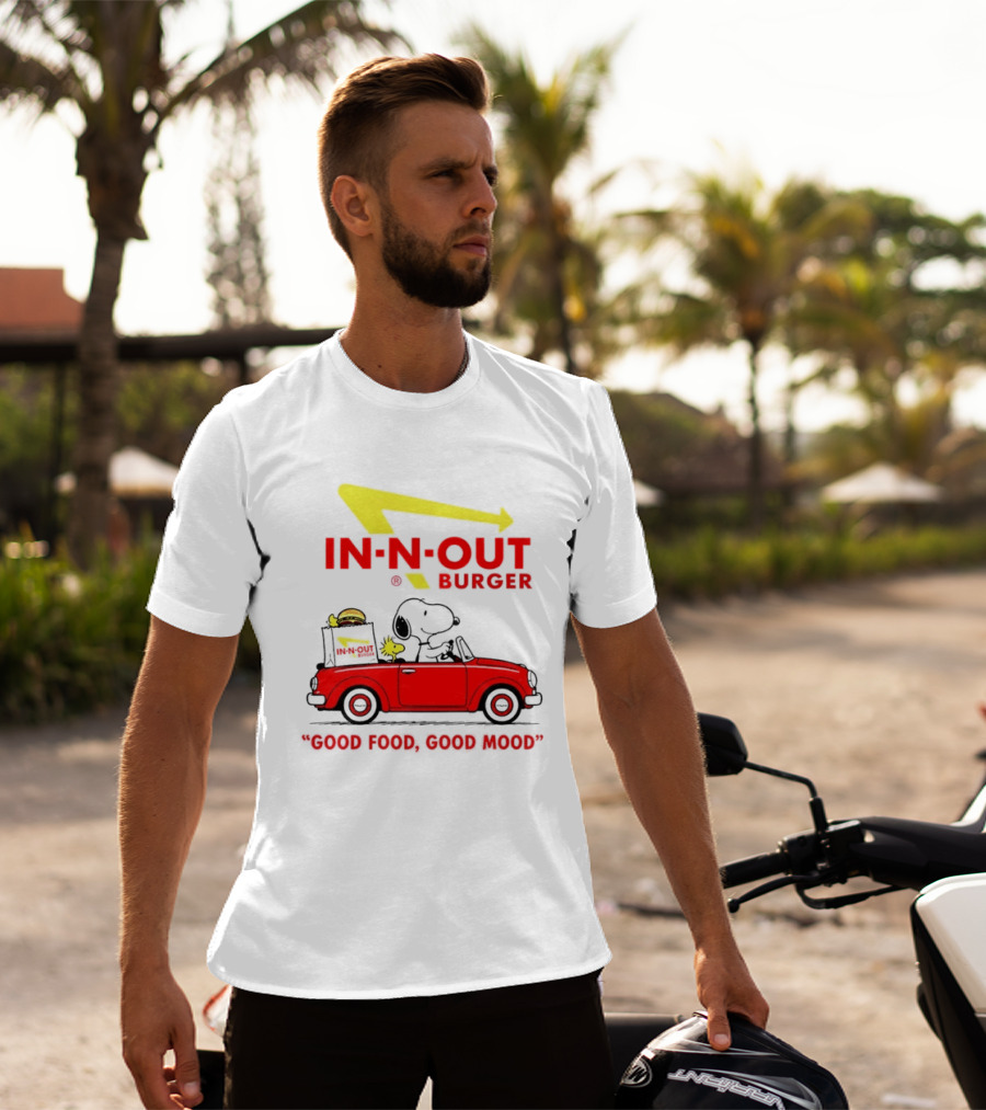 In N Out Burger Snoopy Woodstock Driving Red Convertible Good Food Good Mood T-Shirt
