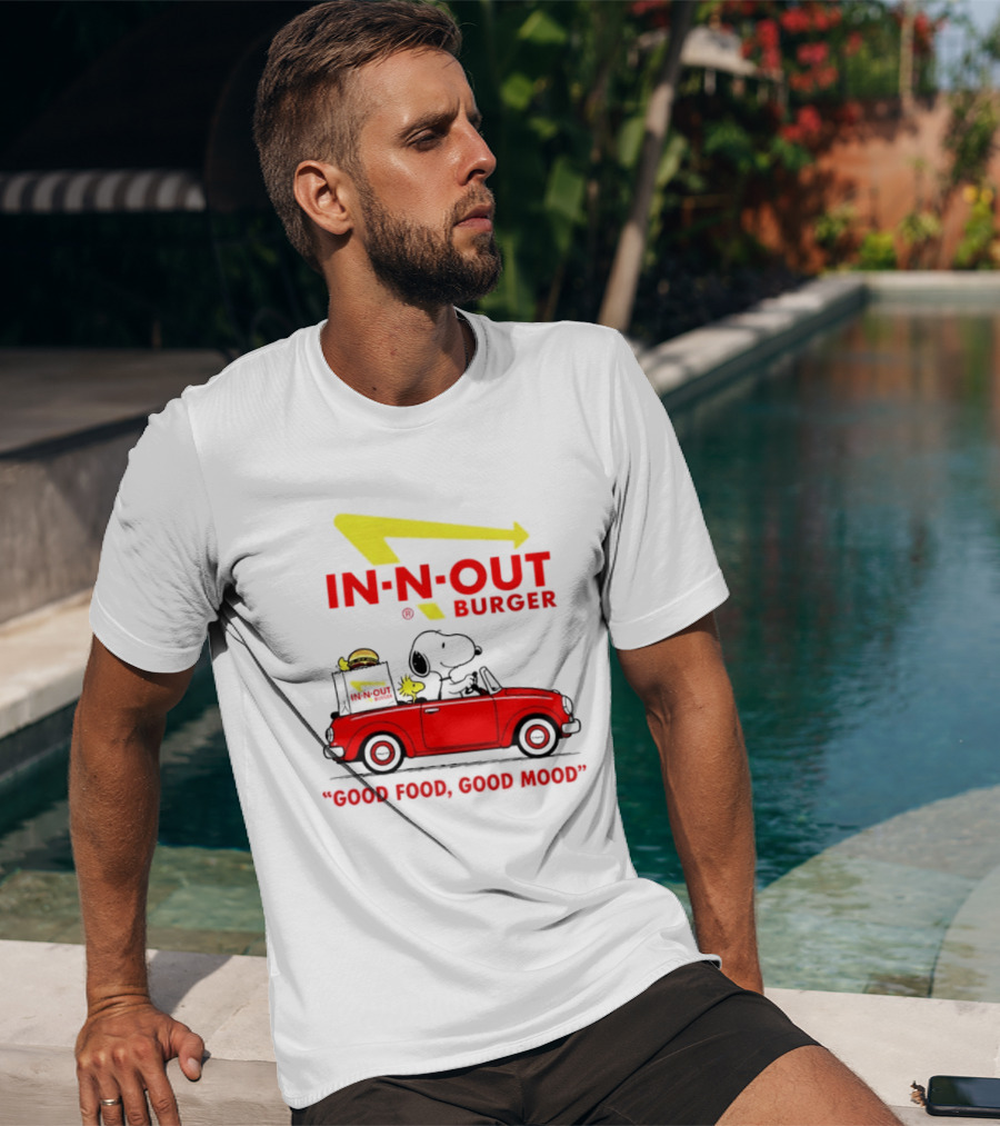 In N Out Burger Snoopy Woodstock Driving Red Convertible Good Food Good Mood T-Shirt