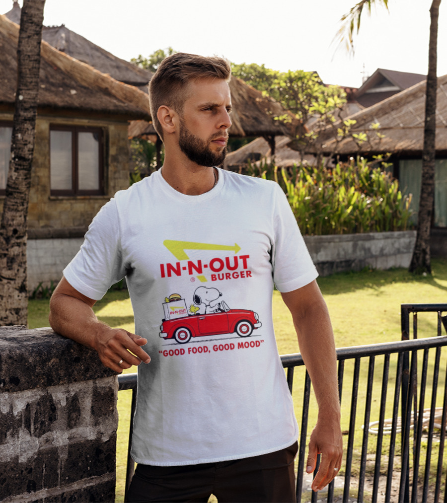 In N Out Burger Snoopy Woodstock Driving Red Convertible Good Food Good Mood T-Shirt