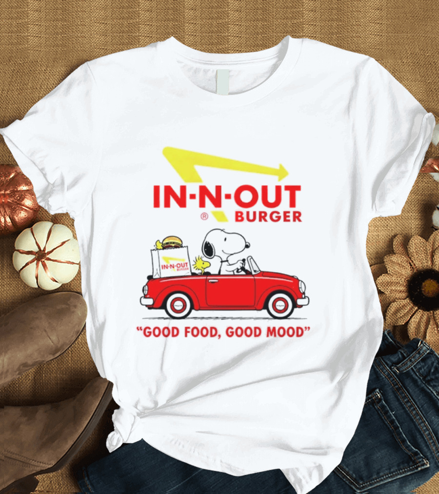 In N Out Burger Snoopy Woodstock Driving Red Convertible Good Food Good Mood T-Shirt