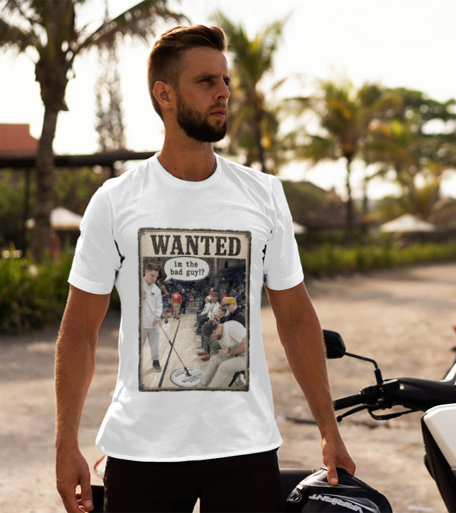 Wanted Im The Bad Guy Wintrust Arena Man Sweeping Floor Devil Horns T-Shirt