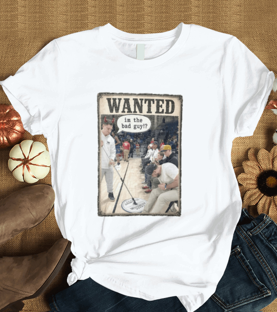 Wanted Im The Bad Guy Wintrust Arena Man Sweeping Floor Devil Horns T-Shirt