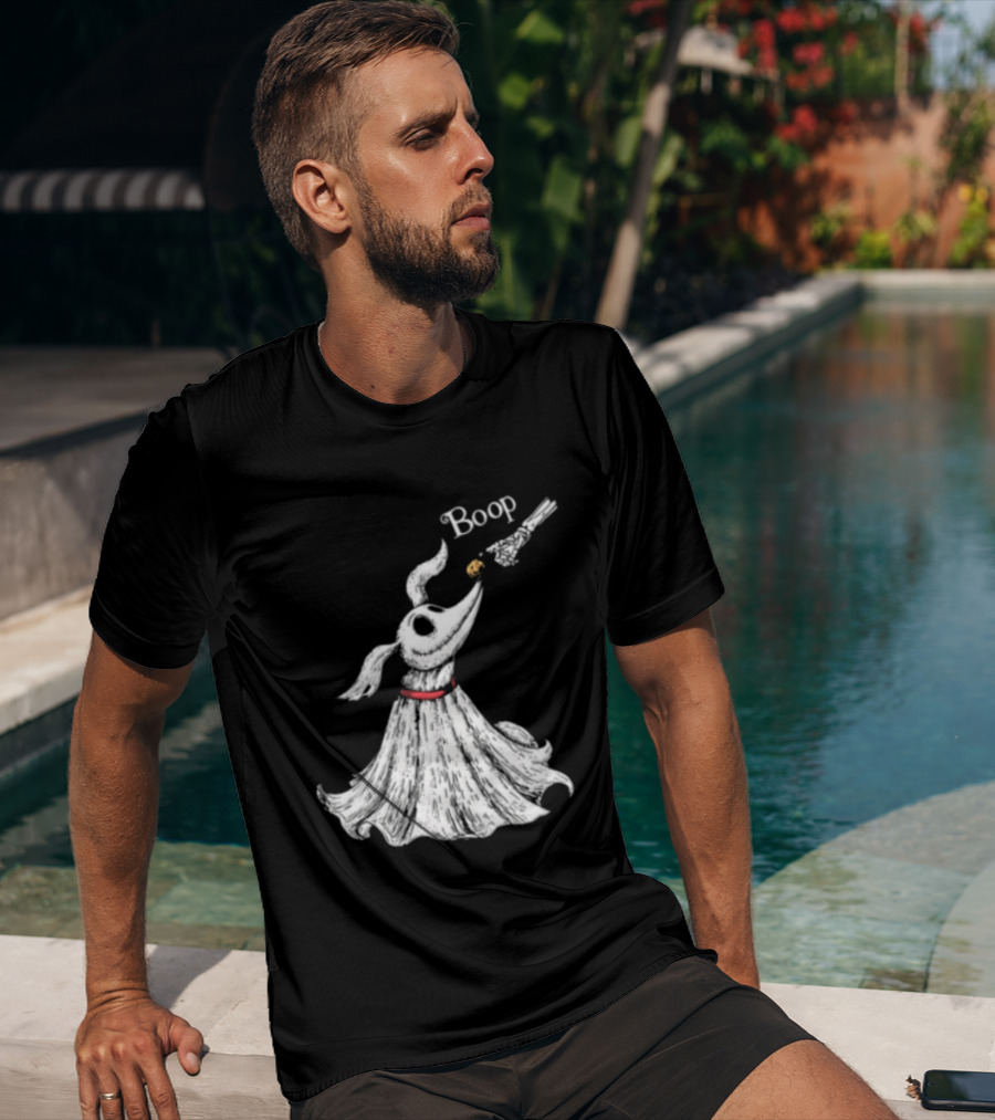 Boop Skeletal Hand Touching Pumpkin Nose With Ghostly Dog Line Sketch T-Shirt