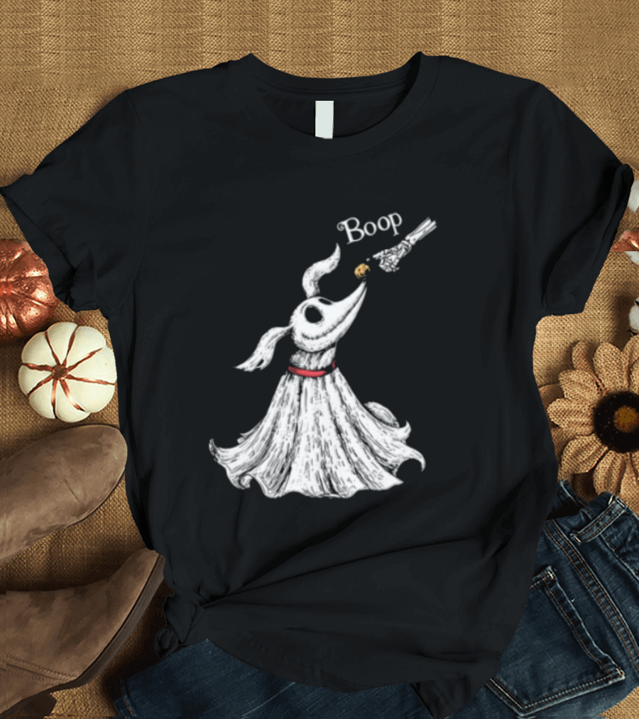 Boop Skeletal Hand Touching Pumpkin Nose With Ghostly Dog Line Sketch T-Shirt