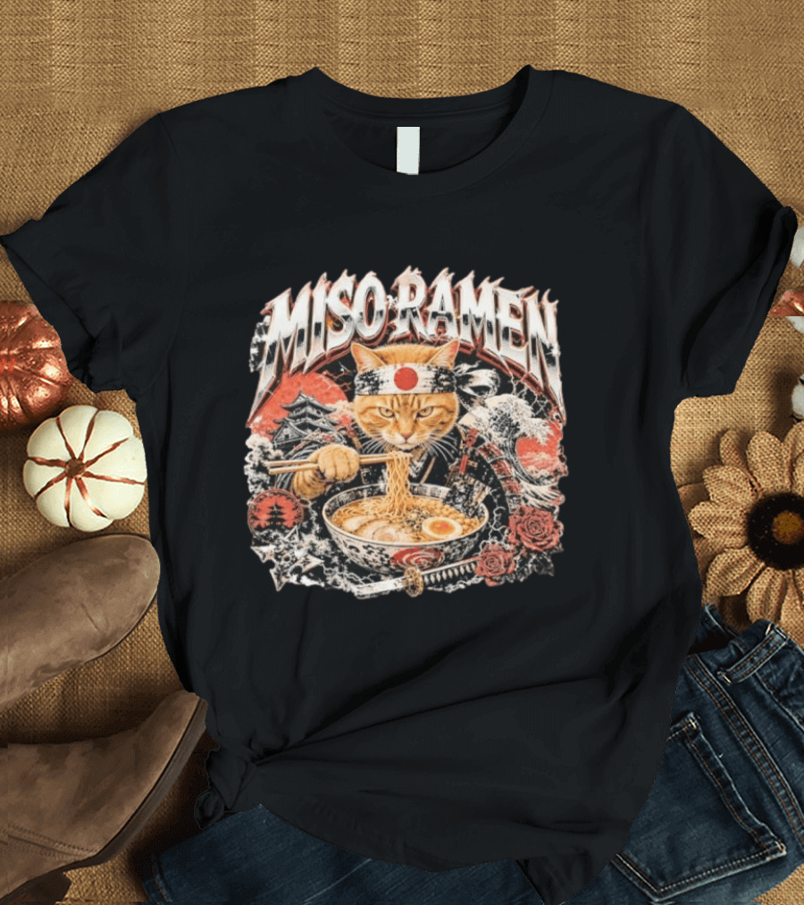 Miso Ramen Samurai Cat Japanese Foodie Bowls Japan Culture T-Shirt