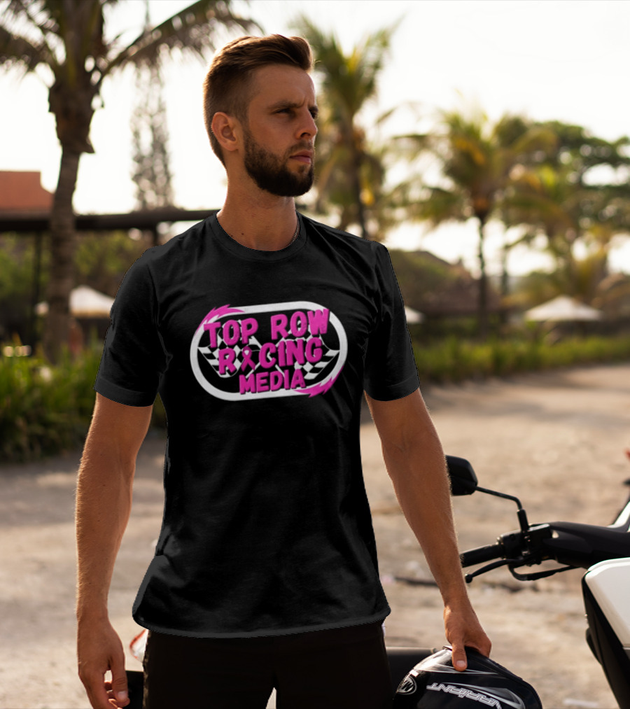 Top Row Racing Media Pink Checkered Flags Ribbon T-Shirt