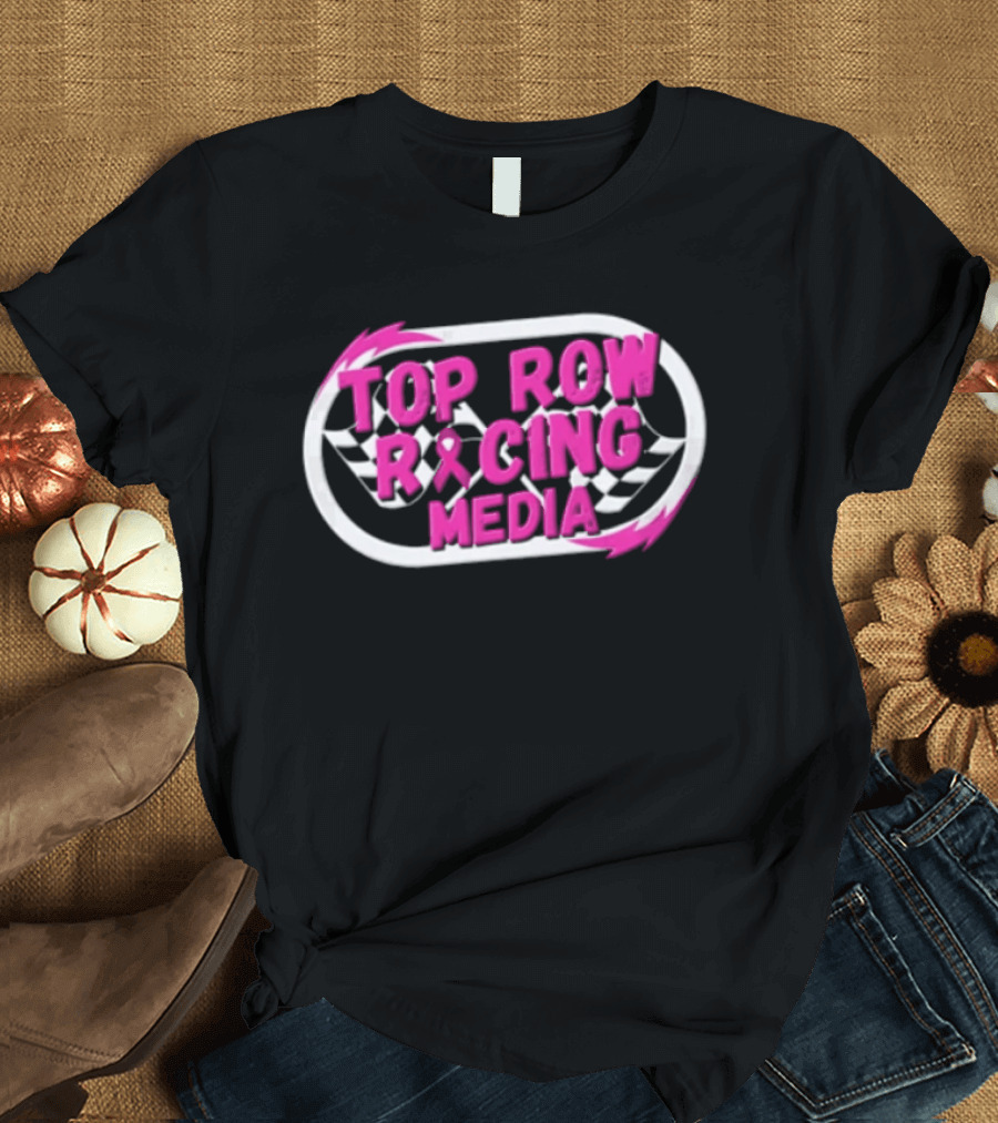 Top Row Racing Media Pink Checkered Flags Ribbon T-Shirt