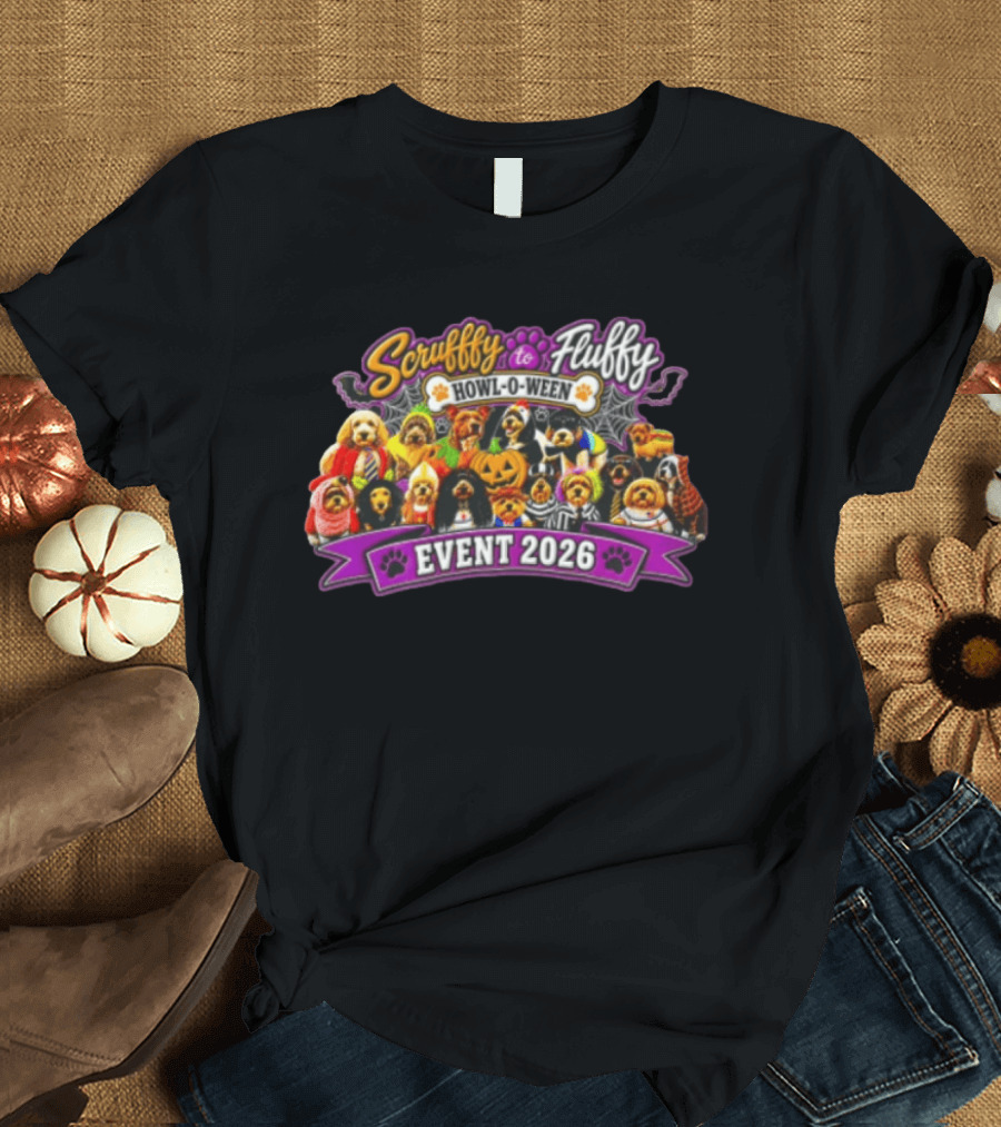 Scruffy To Fluffy Howl O Ween Event 2026 Many Dogs Wearing Halloween Costumes T-Shirt