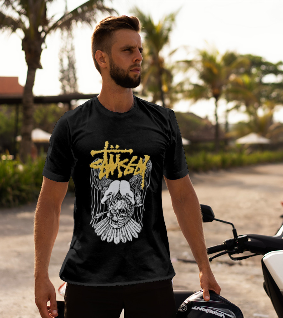 Stussy Two Headed Eagle Skull Yellow Text White Sketch T-Shirt