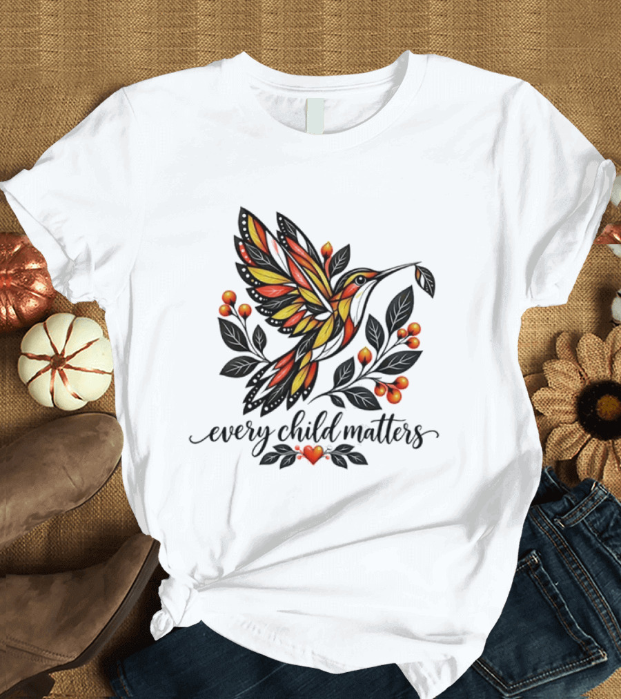Every Child Matters Hummingbird Orange Awareness Floral Heart T-Shirt