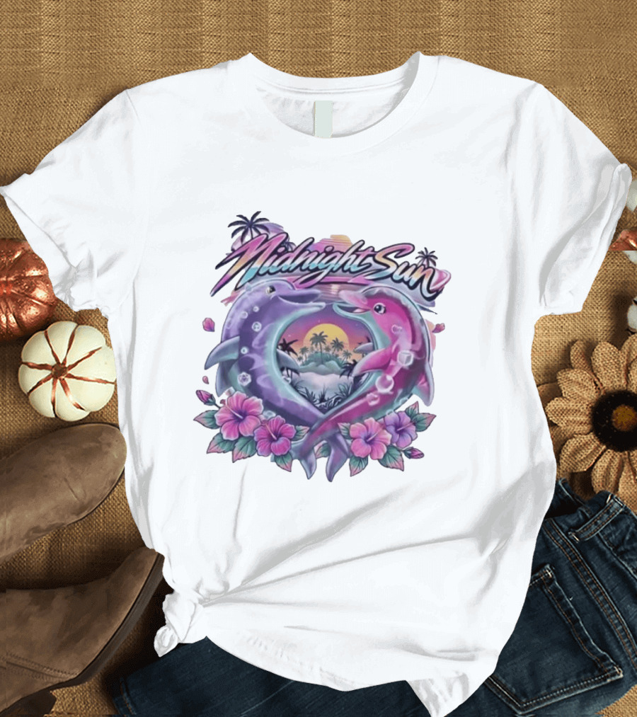 Midnight Sun Heart Dolphins Tropical Sunset T-Shirt