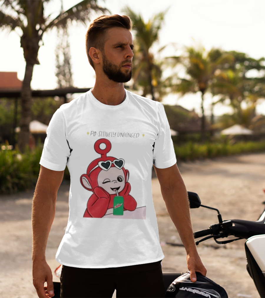 Po Sitively Unhinged Funny Red Teletubby Heart Sunglasses Drinking Mtn Dew T-Shirt