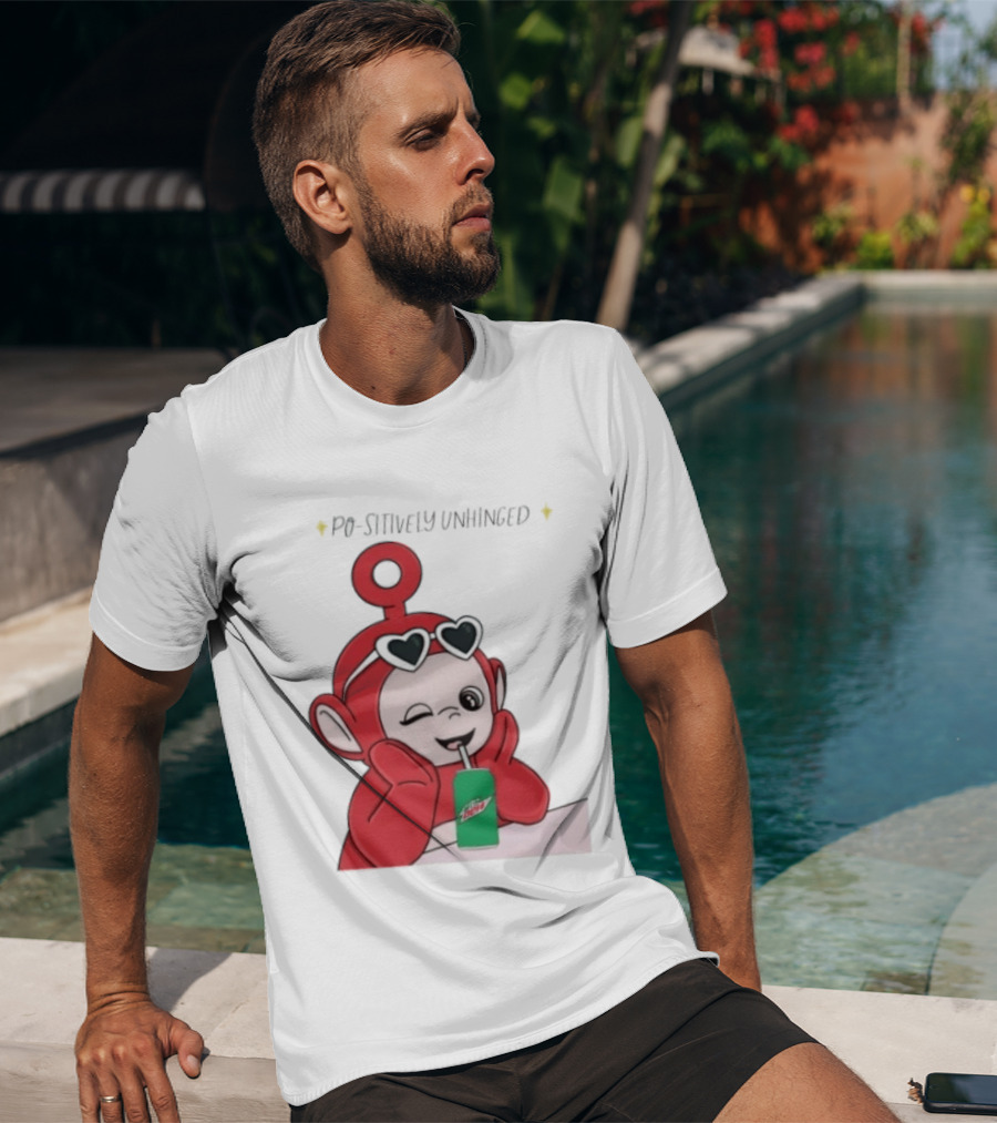 Po Sitively Unhinged Funny Red Teletubby Heart Sunglasses Drinking Mtn Dew T-Shirt