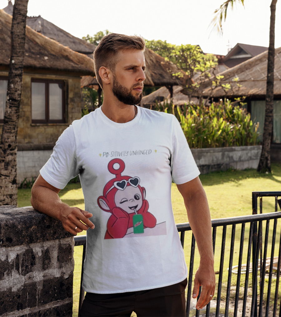 Po Sitively Unhinged Funny Red Teletubby Heart Sunglasses Drinking Mtn Dew T-Shirt