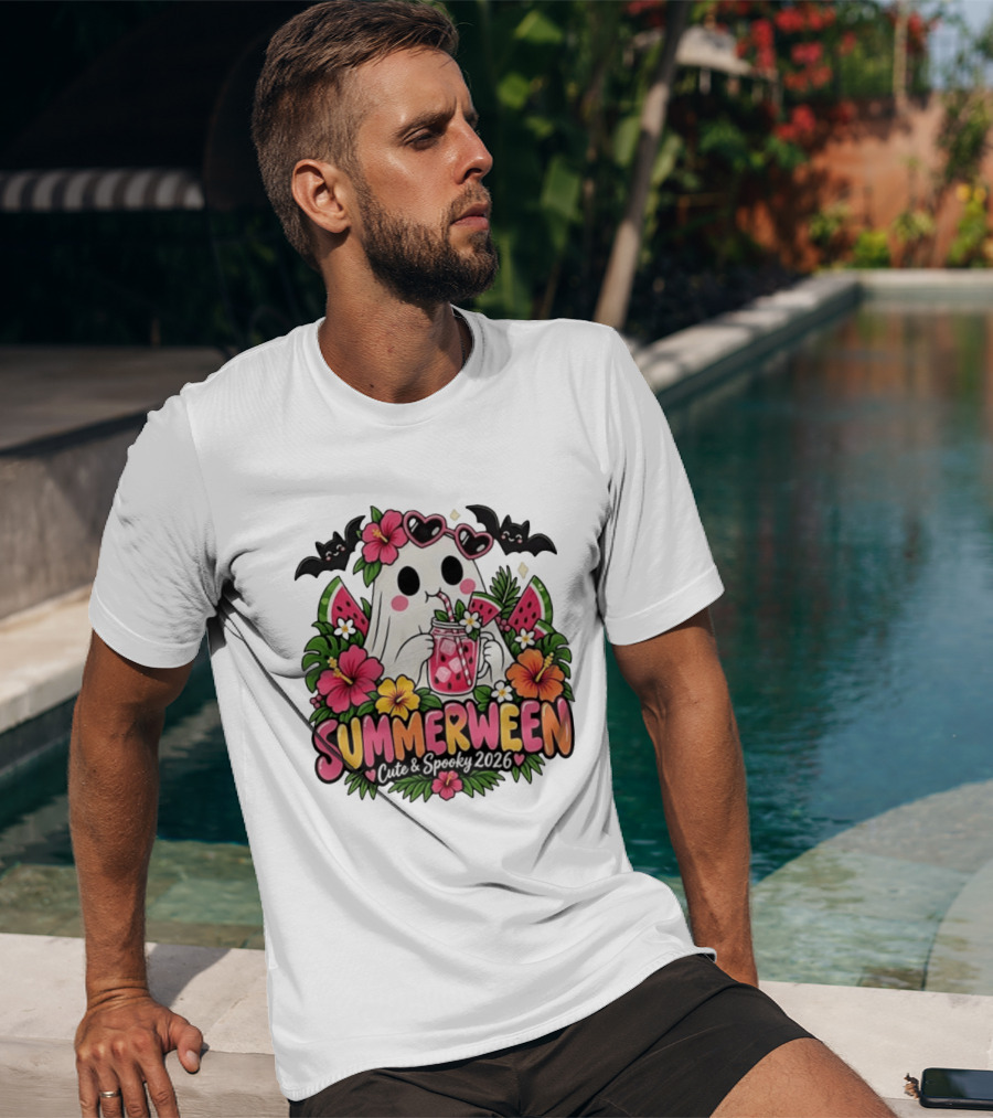 Summerween Cute And Spooky 2026 Ghost With Tropical Flowers And Bats T-Shirt