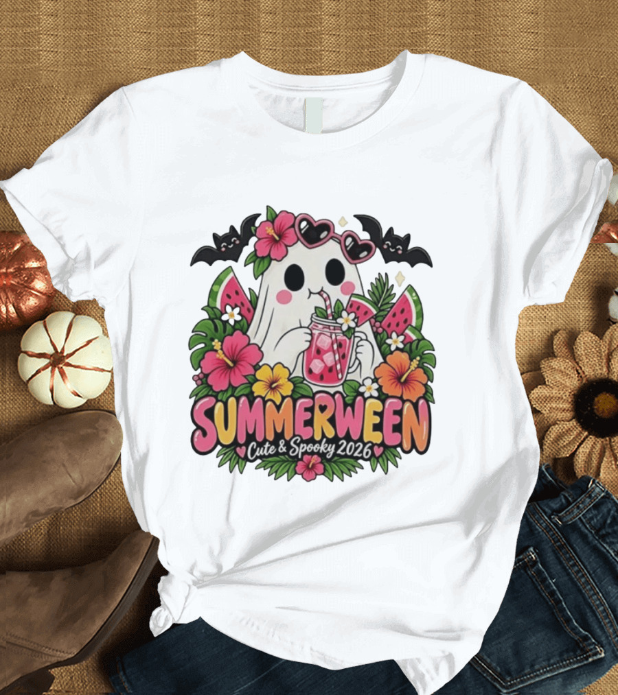 Summerween Cute And Spooky 2026 Ghost With Tropical Flowers And Bats T-Shirt