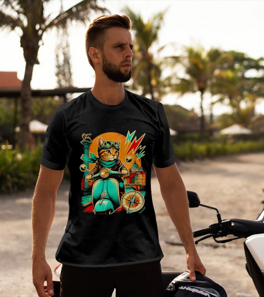 Cat On Scooter Adventure In Venice With Vibrant Cityscape And Compass T-Shirt