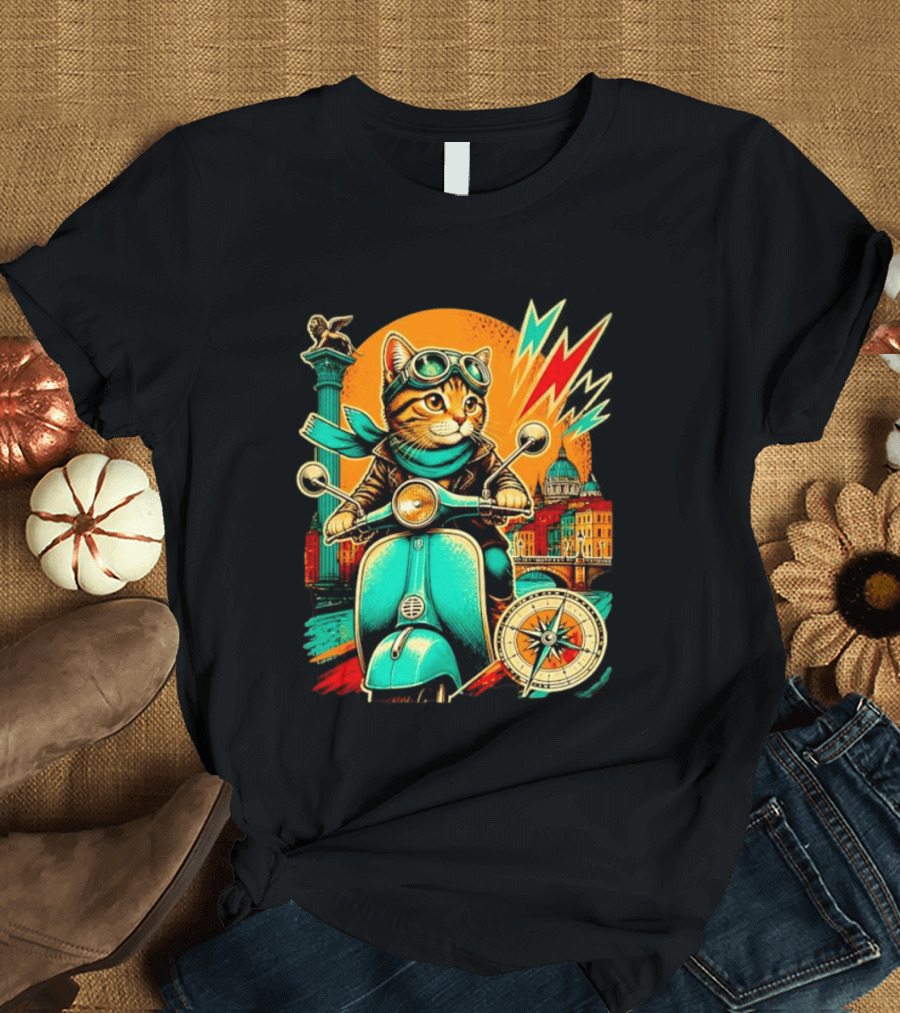 Cat On Scooter Adventure In Venice With Vibrant Cityscape And Compass T-Shirt