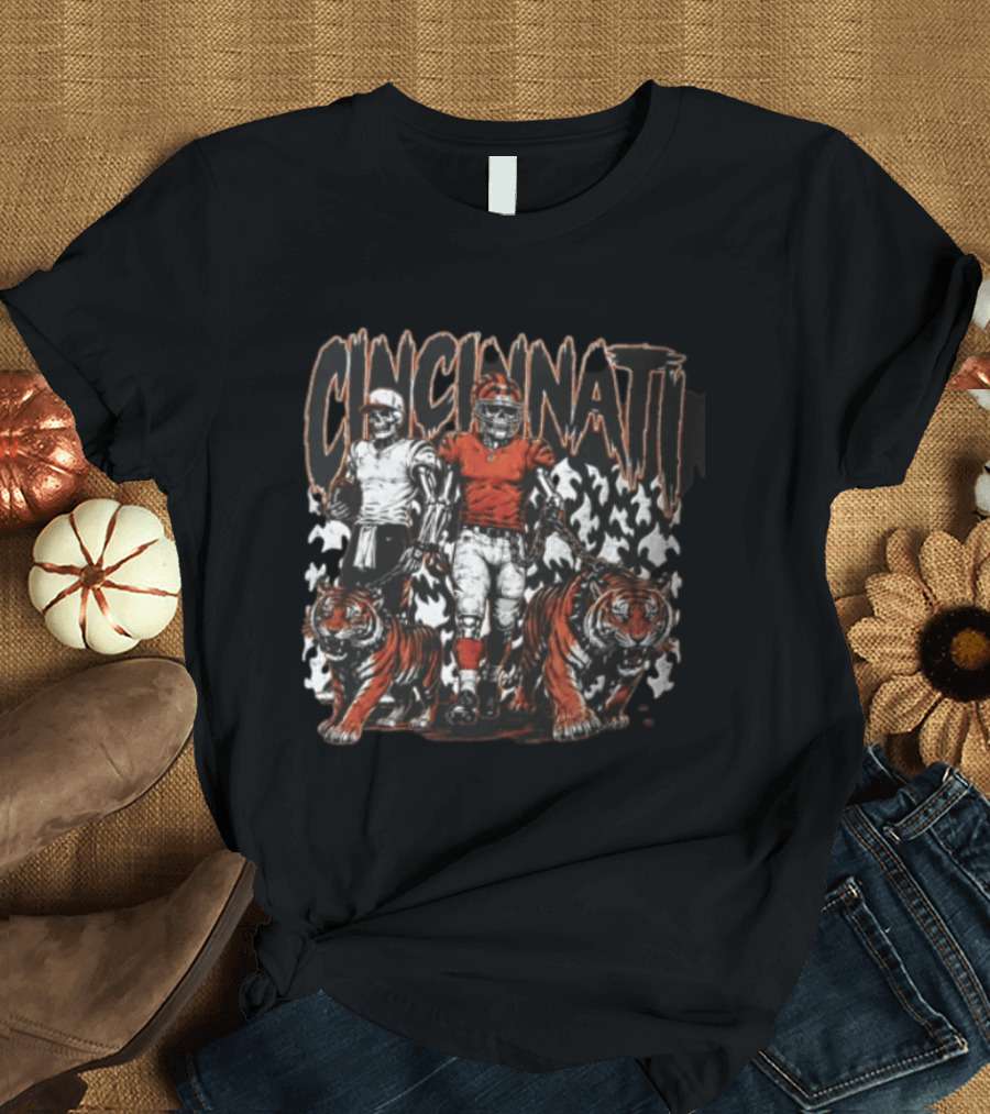 Cincinnati Bengals Skeleton Football Players Walking Tigers T-Shirt