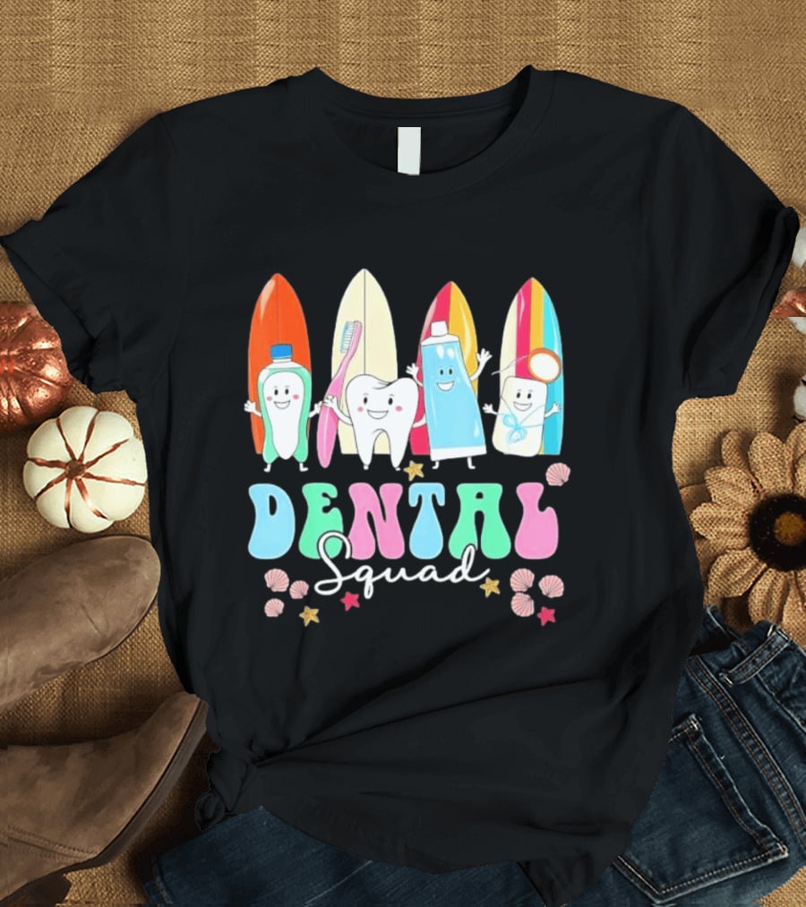 Dental Squad Toothpaste Toothbrush Floss Surfboards Fun Playful T-Shirt