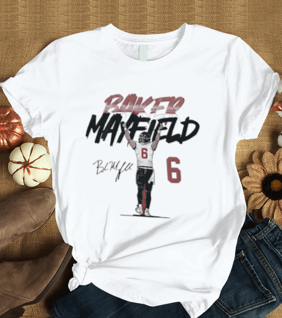 Baker Mayfield Buccaneers 6 Football Player Signature Arms Raised T-Shirt