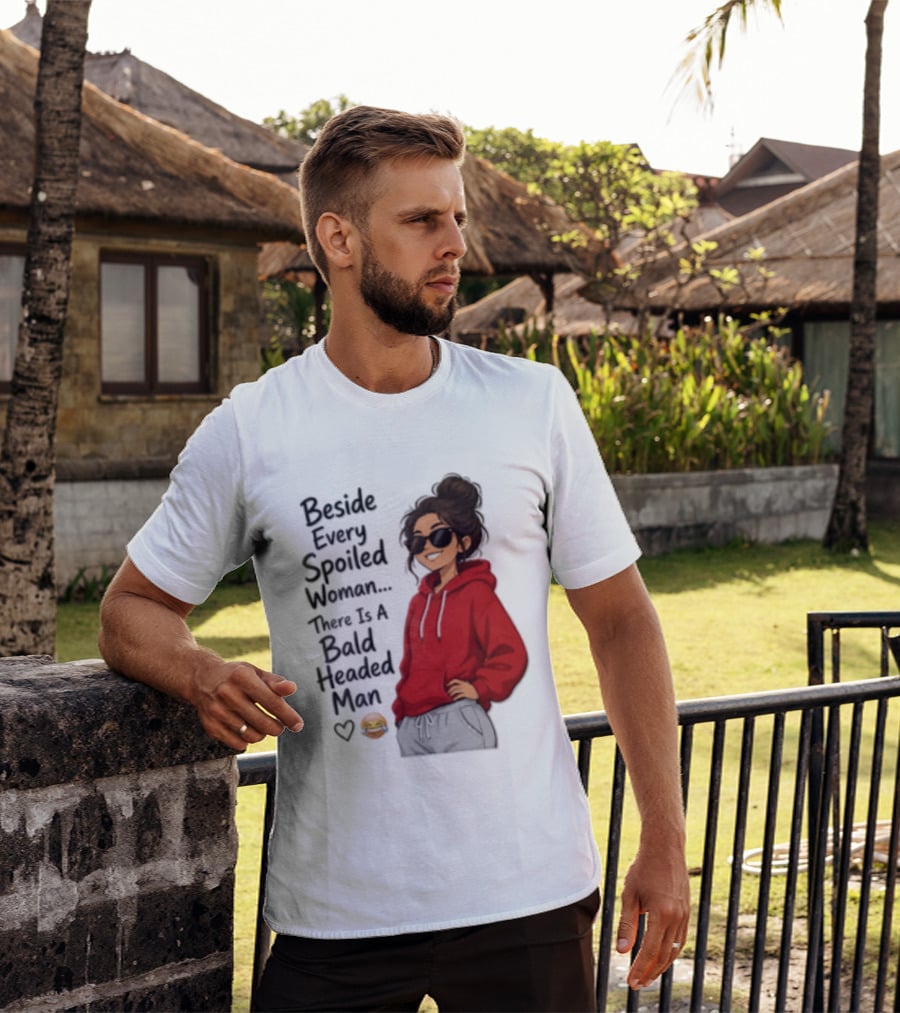 Beside Every Spoiled Woman There Is A Bald Headed Man Red Black Sunglasses Emoji T-Shirt