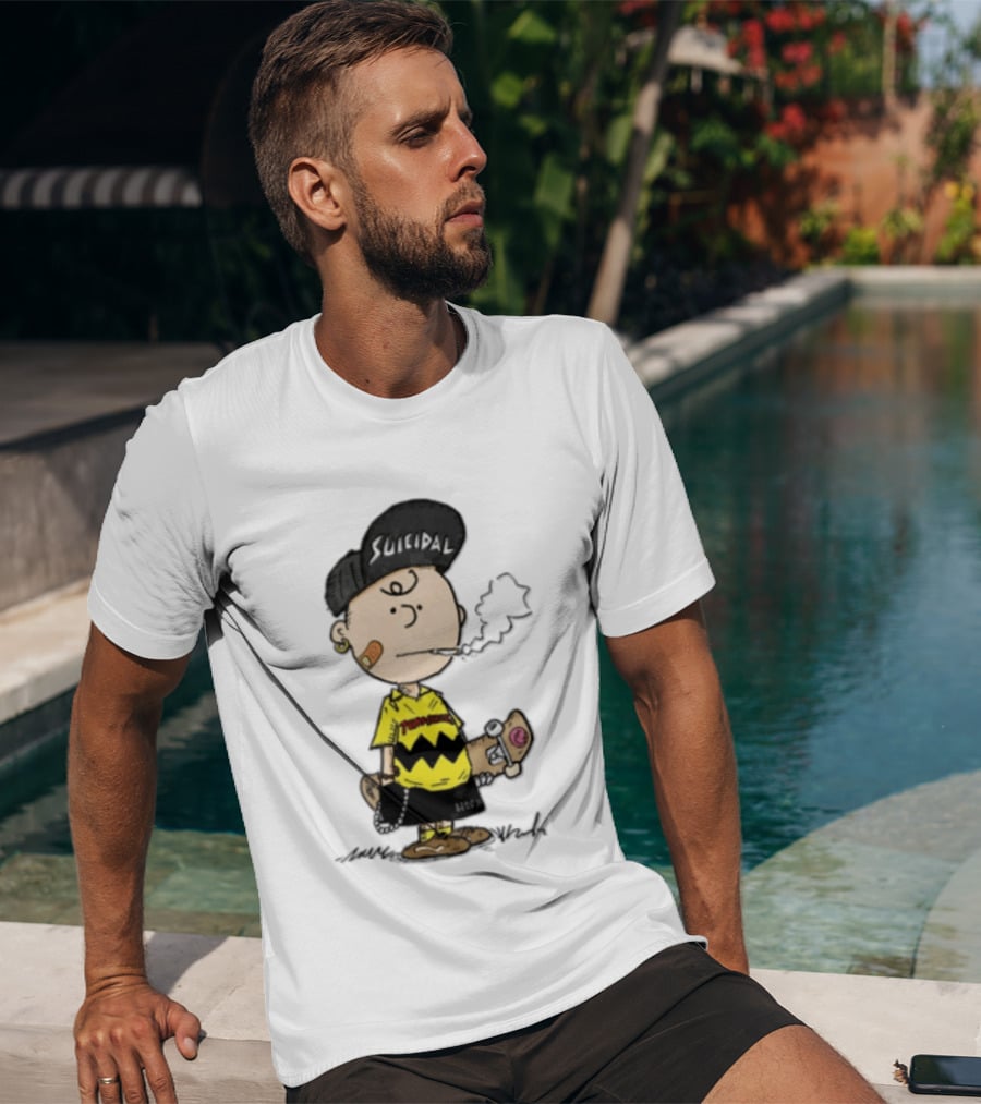 Charlie Brown Cartoon Boy Smoking Skateboard Punk Scumbag Thrasher T-Shirt