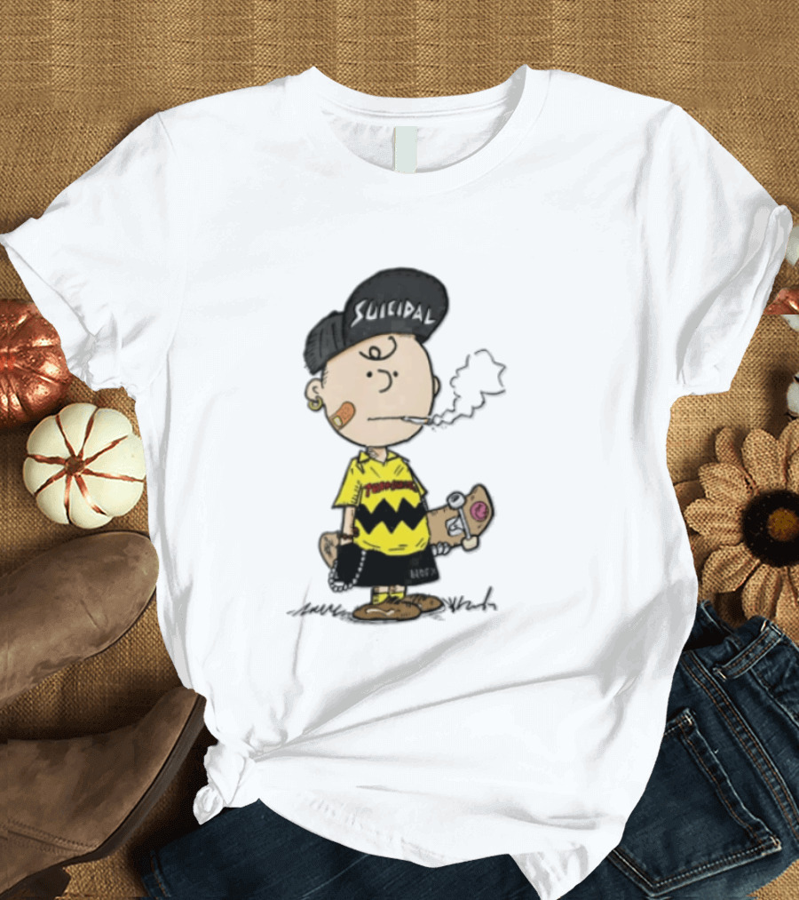 Charlie Brown Cartoon Boy Smoking Skateboard Punk Scumbag Thrasher T-Shirt
