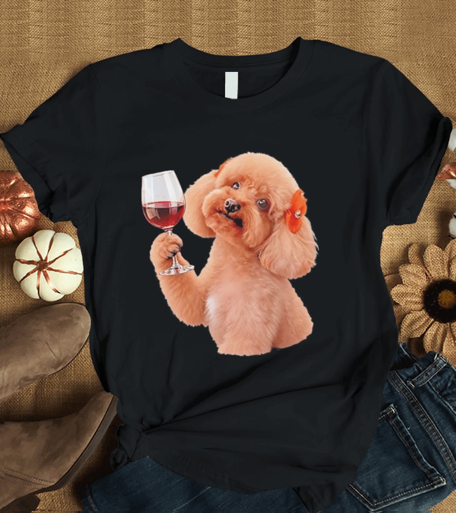 Poodle With Wine Glass And Red Bow Accessory T-Shirt