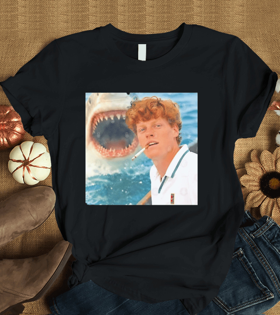 Jannik Sinner Smoking With Great White Shark Tennis Image T-Shirt