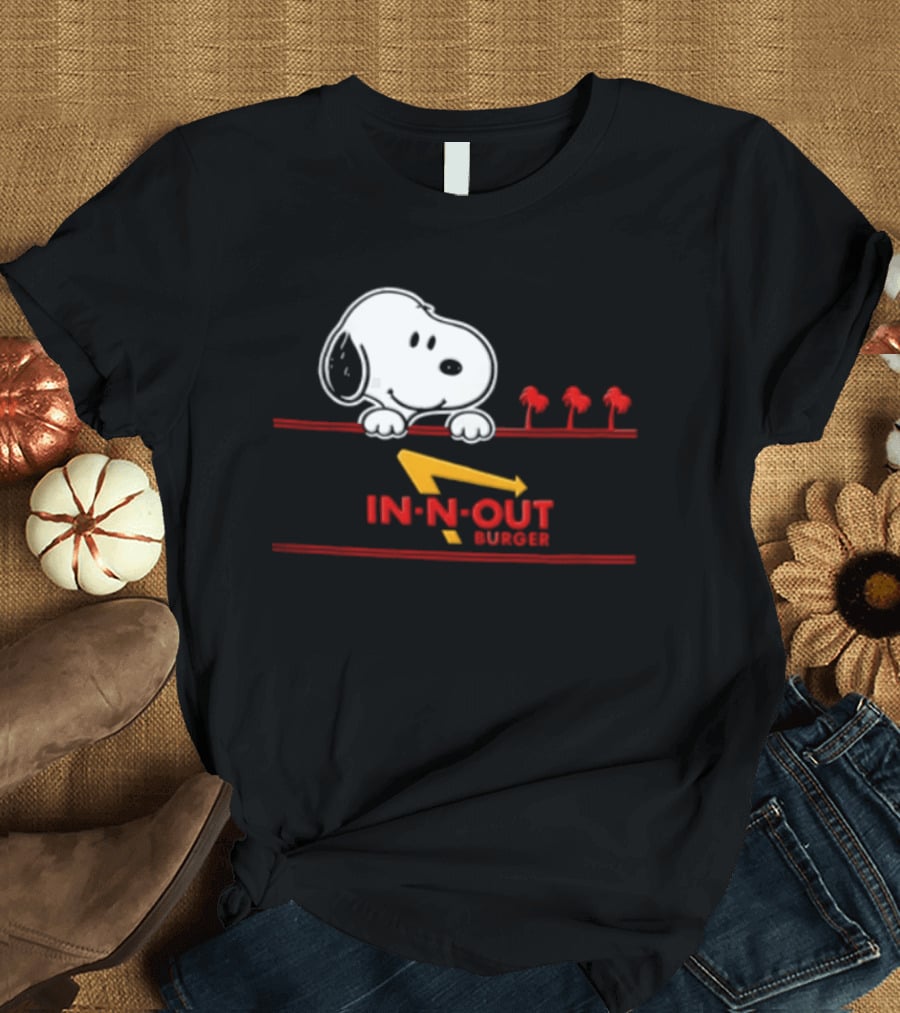 Snoopy Peeking Over In N Out Burger Red Lines With Palm Trees T-Shirt