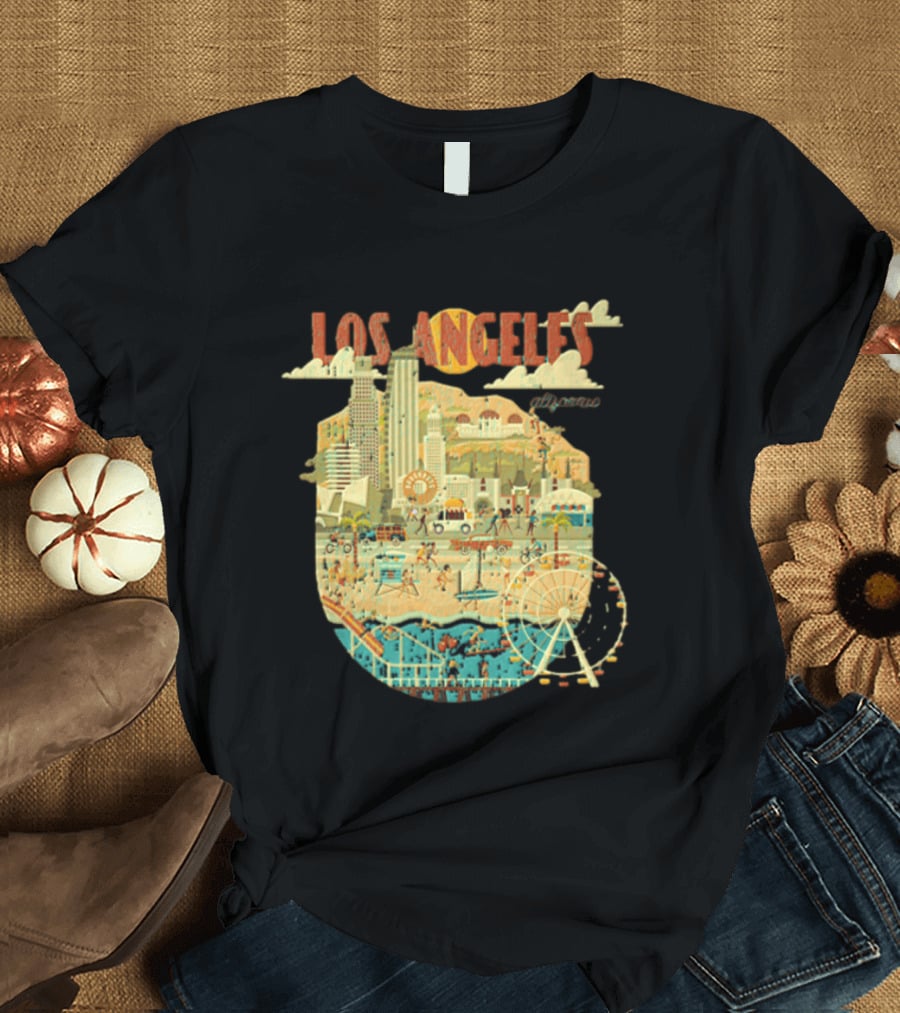 Los Angeles California Skyline Ferris Wheel And Beach Scene T-Shirt