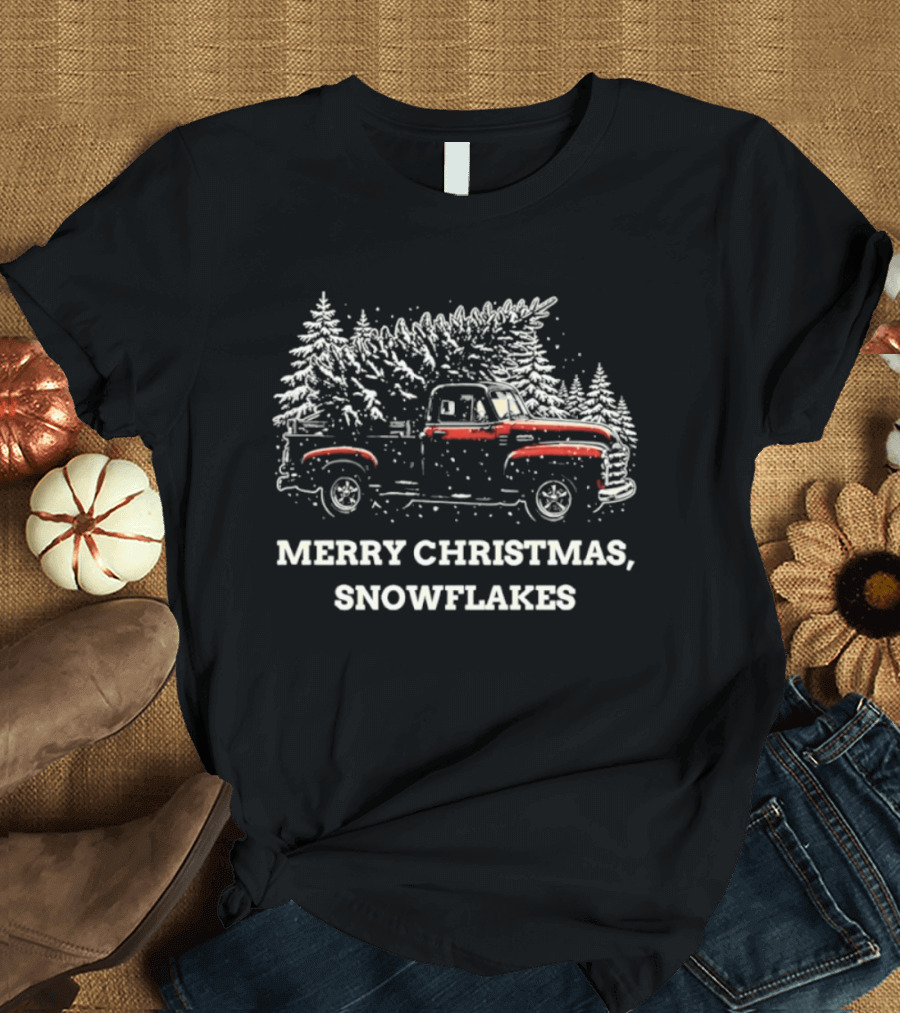 Merry Christmas Snowflakes Vintage Truck Winter Scene T-Shirt