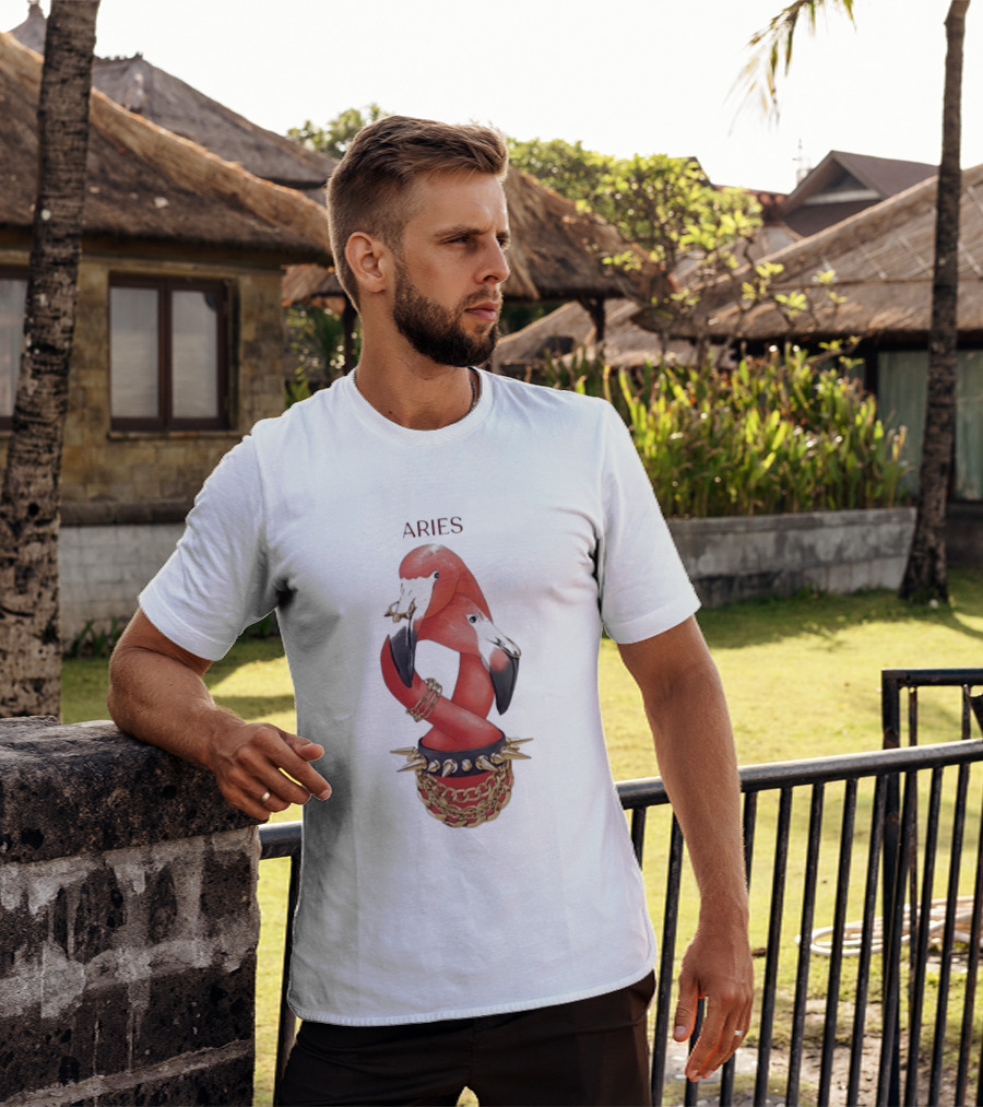 Aries Flamingo Punk Rock Zodiac Sign Astrology Bracelet Spikes T-Shirt