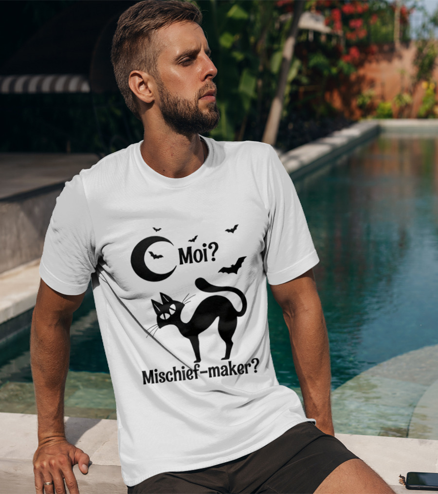 Moi Mischief Maker Black Cat Halloween Moon Bats T-Shirt